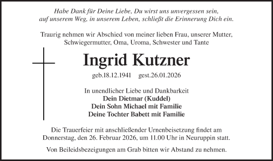 Traueranzeige von Ingrid Kutzner von Märkische Oderzeitung