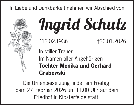 Traueranzeige von Ingrid Schulz von Märkische Oderzeitung