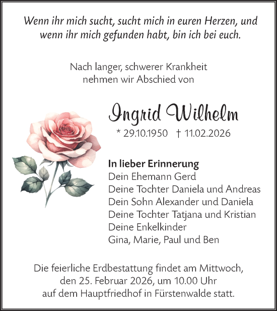 Traueranzeige von Ingrid Wilhelm von Märkische Oderzeitung