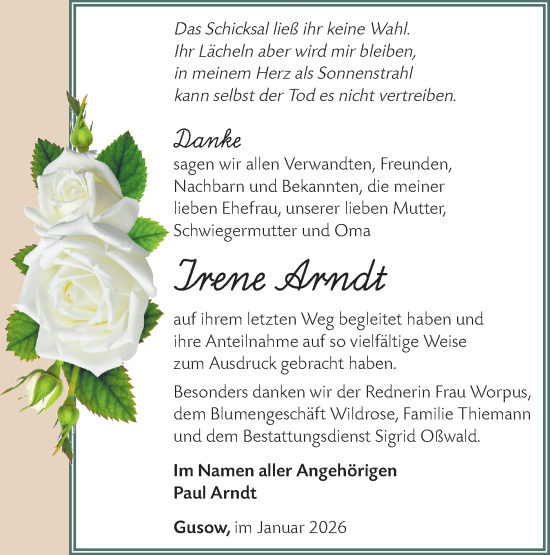 Traueranzeige von Irene Arndt von MO Oderld.-Echo