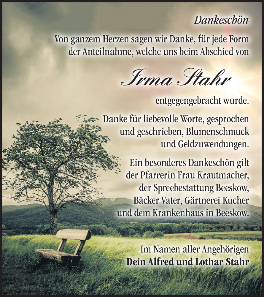  Traueranzeige für Irma Stahr vom 04.02.2026 aus Märkische Oderzeitung