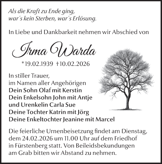 Traueranzeige von Irma Warda von Märkische Oderzeitung