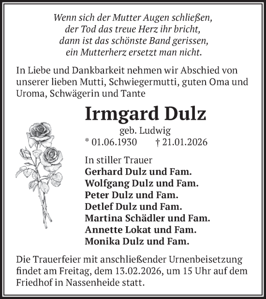 Traueranzeige von Irmgard Dulz von Märkische Oderzeitung