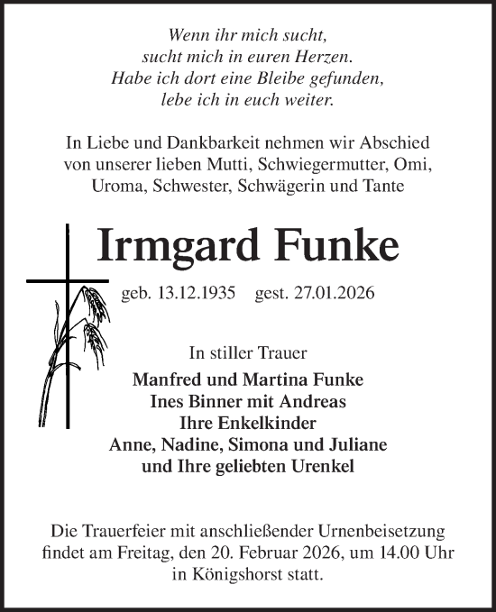 Traueranzeige von Irmgard Funke von Märkische Oderzeitung