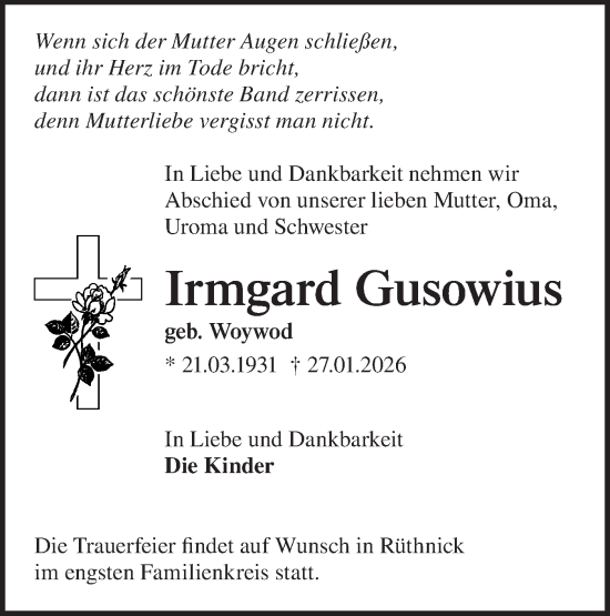 Traueranzeige von Irmgard Gusowius von Märkische Oderzeitung