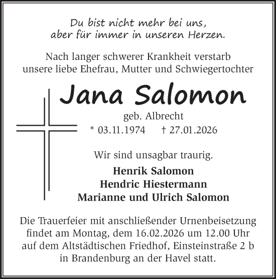 Traueranzeige von Jana Salomon von Märkische Oderzeitung