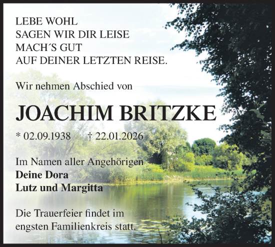 Traueranzeige von Joachim Britzke von Märkische Oderzeitung