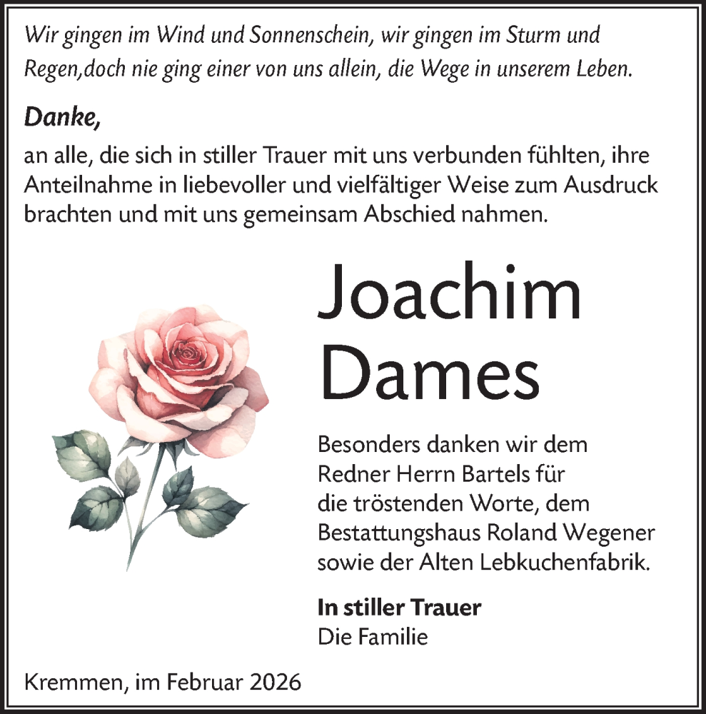  Traueranzeige für Joachim Dames vom 14.02.2026 aus Märkische Oderzeitung
