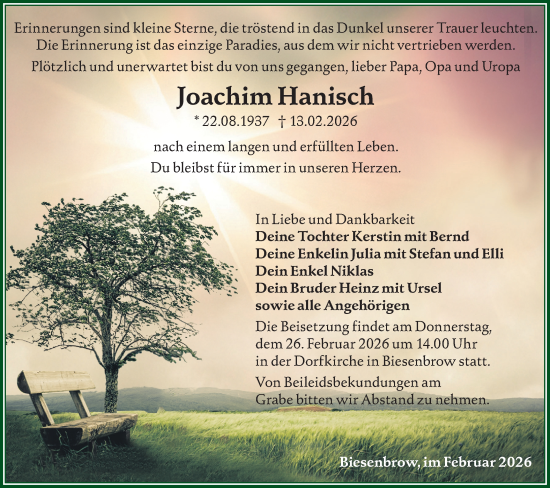 Traueranzeige von Joachim Hanisch von MO Uckerm.-Anz.