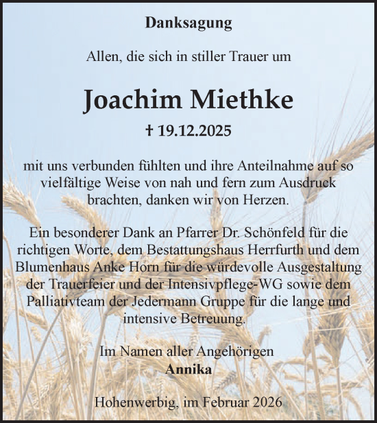 Traueranzeige von Joachim Miethke von Märkische Oderzeitung