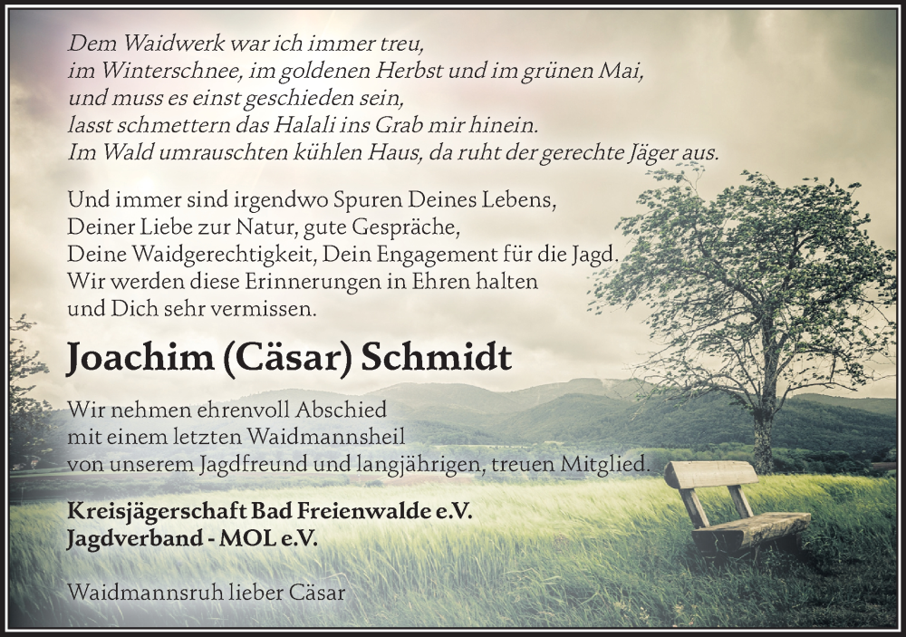  Traueranzeige für Joachim Schmidt vom 14.02.2026 aus MO Oderld.-Echo