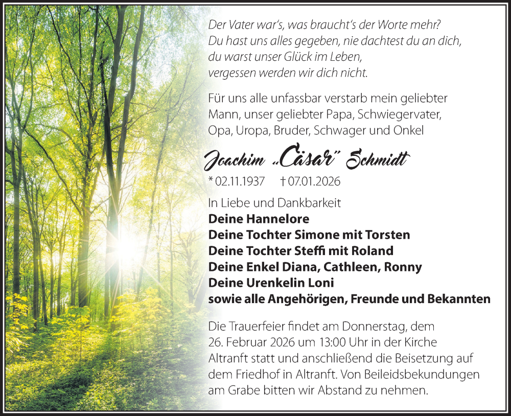  Traueranzeige für Joachim Schmidt vom 14.02.2026 aus MO Oderld.-Echo