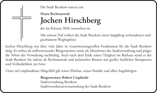 Traueranzeige von Jochen Hirschberg von Märkische Oderzeitung