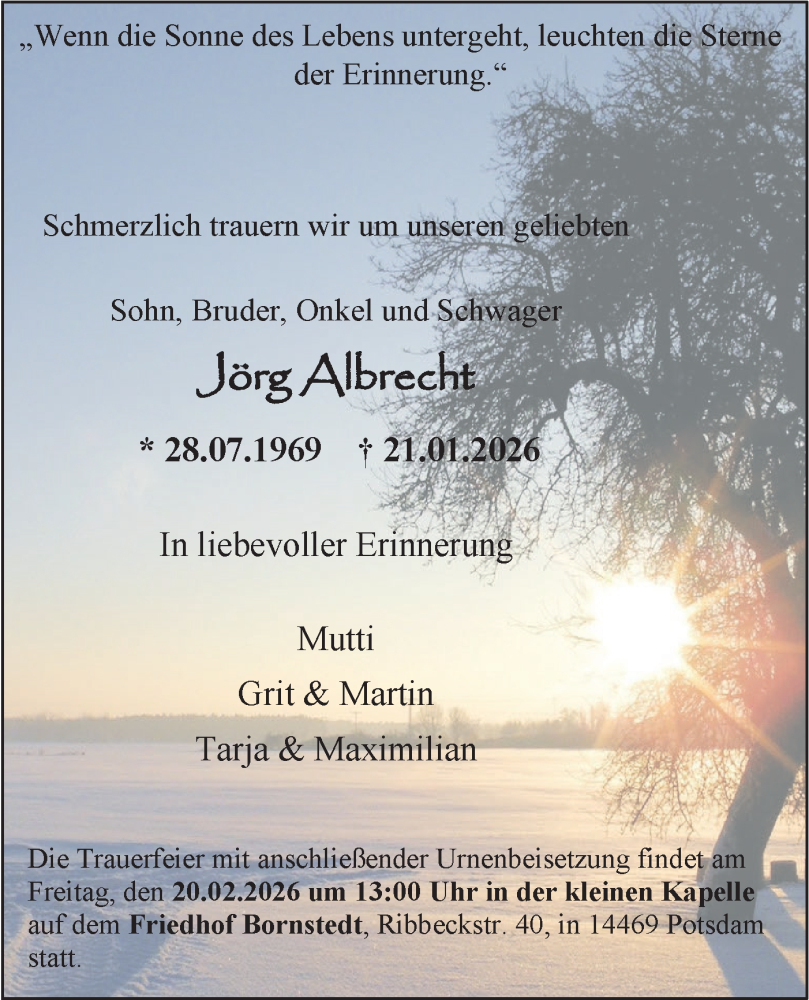  Traueranzeige für Jörg Albrecht vom 07.02.2026 aus Blickpunkt Potsdam/Werder