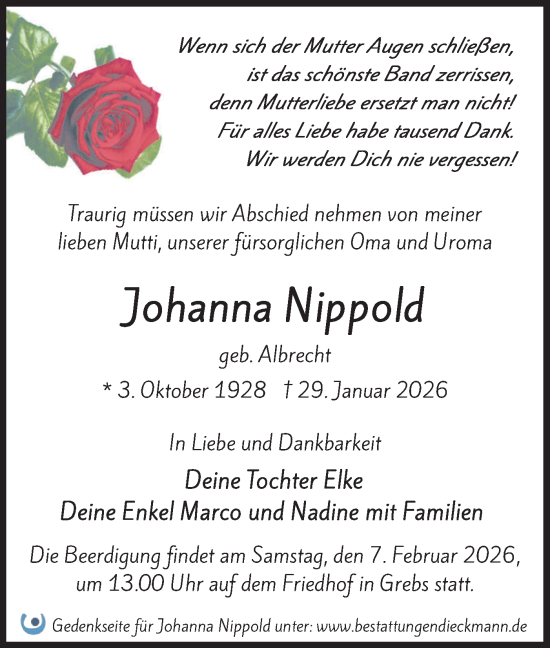 Traueranzeige von Johanna Nippold von Märkische Oderzeitung