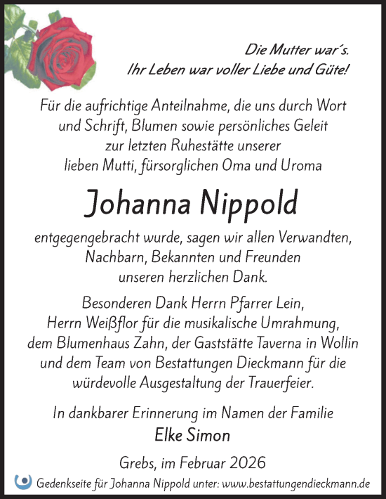 Traueranzeige von Johanna Nippold von Märkische Oderzeitung