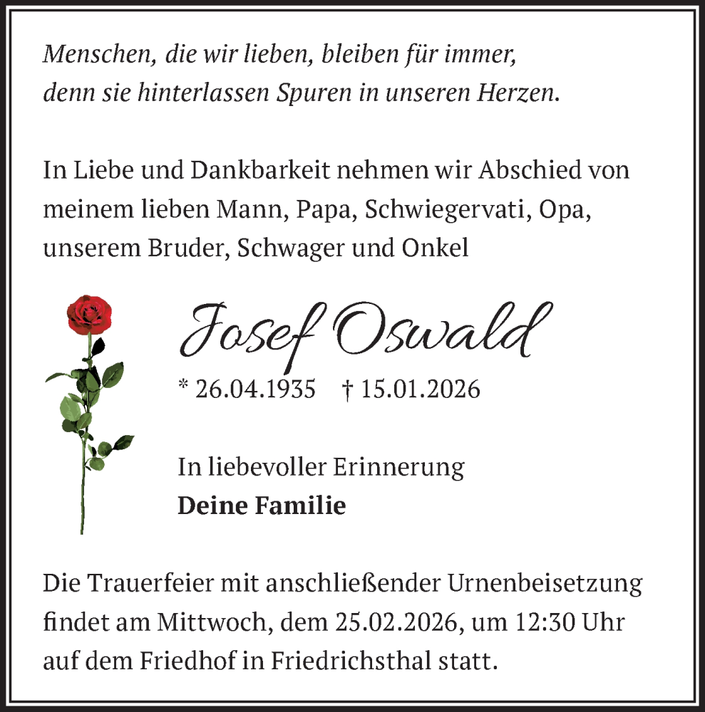  Traueranzeige für Josef Oswald vom 07.02.2026 aus Märkische Oderzeitung