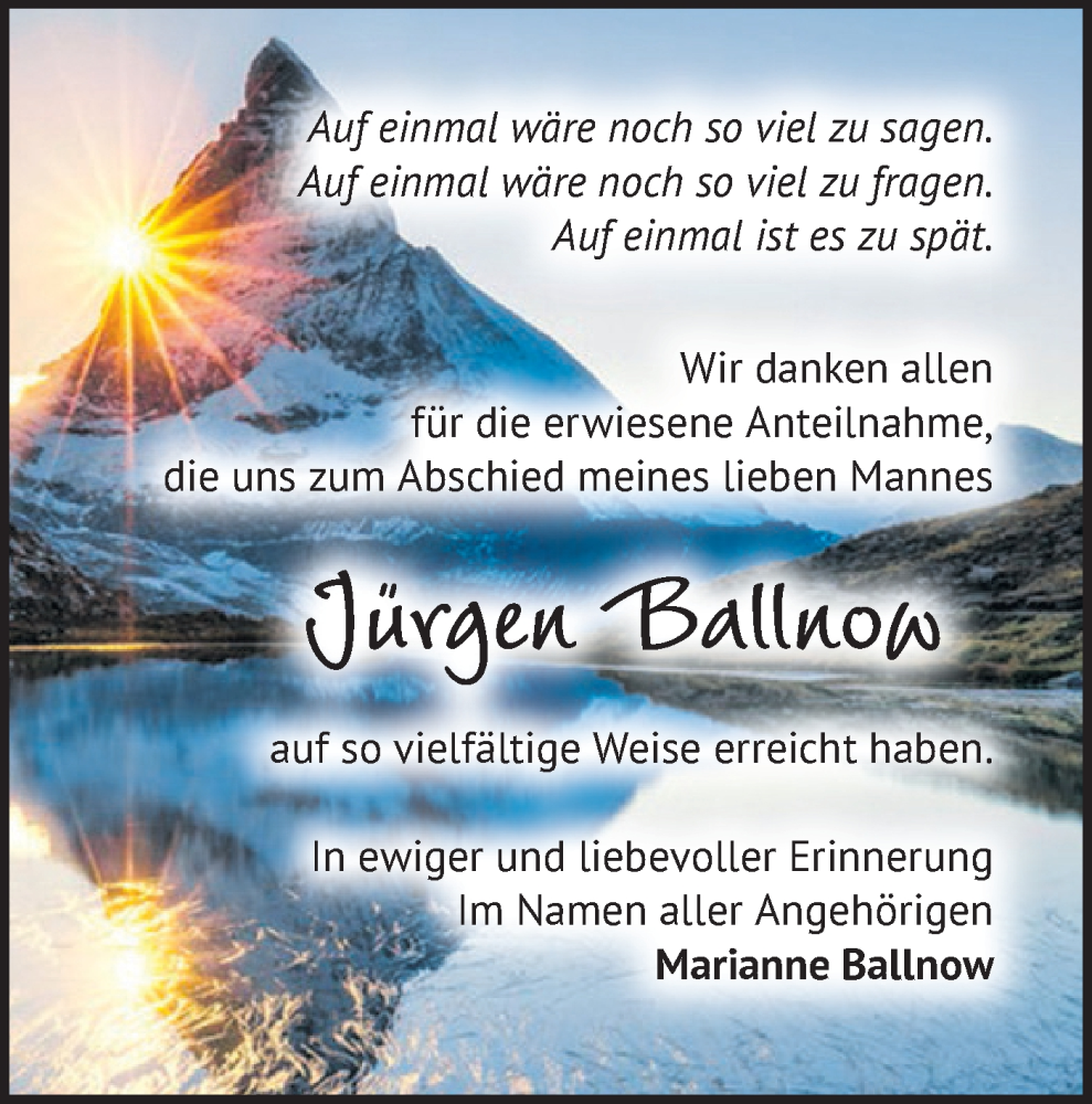  Traueranzeige für Jürgen Ballnow vom 07.02.2026 aus Märkische Oderzeitung