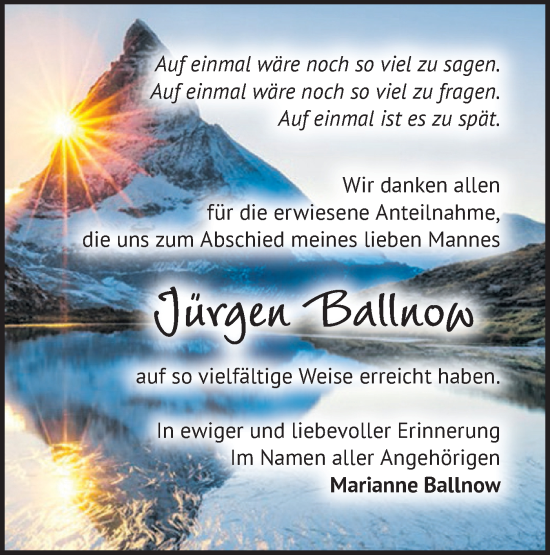 Traueranzeige von Jürgen Ballnow von Märkische Oderzeitung