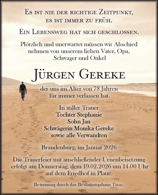Traueranzeige von Jürgen Gereke von Märkische Oderzeitung