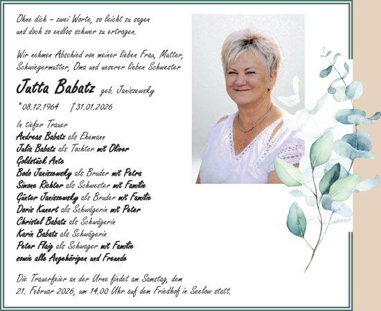 Traueranzeige von Jutta Babatzz von MO Oderld.-Echo