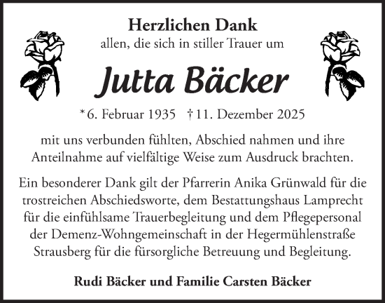 Traueranzeige von Jutta Bäcker von Märkische Oderzeitung