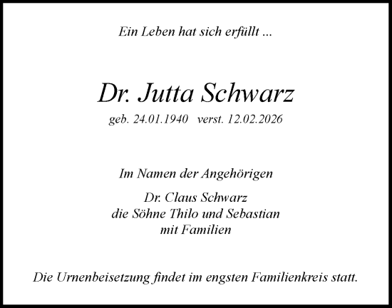 Traueranzeige von Jutta Schwarz von Blickpunkt Königs Wusterhausen