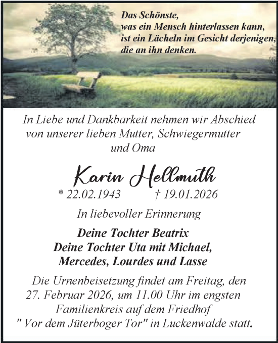 Traueranzeige von Karin Hellmuth von Blickpunkt Jüterbog/Luckenwalde