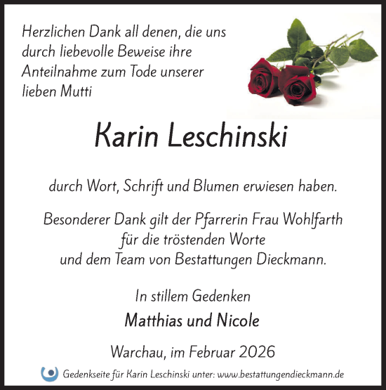 Traueranzeige von Karin Leschinski von Märkische Oderzeitung