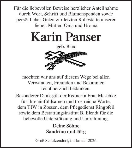 Traueranzeige von Karin Panser von Blickpunkt Ludwigsfelde/Zossen