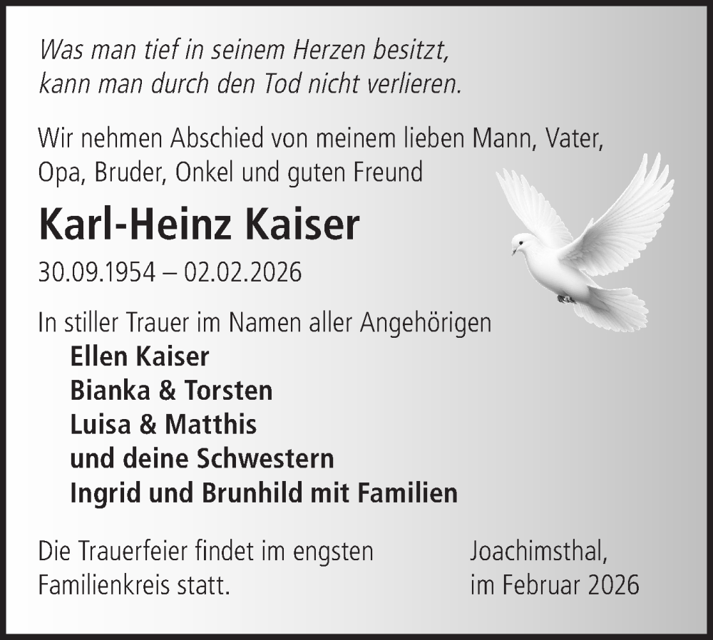  Traueranzeige für Karl-Heinz Kaiser vom 13.02.2026 aus Märkische Oderzeitung