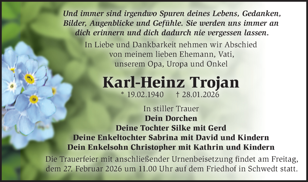  Traueranzeige für Karl-Heinz Trojan vom 07.02.2026 aus MO Uckerm.-Anz.