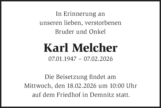 Traueranzeige von Karl Melcher von Märkische Oderzeitung