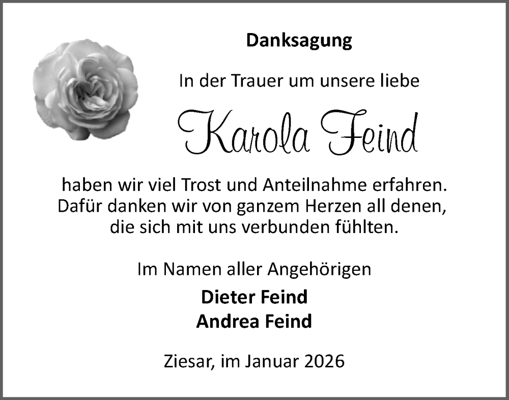  Traueranzeige für Karola Feind vom 07.02.2026 aus Märkische Oderzeitung