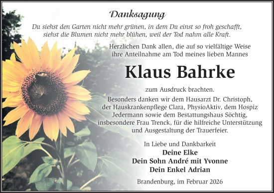 Traueranzeige von Klaus Bahrke von Märkische Oderzeitung