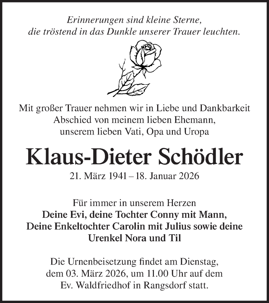  Traueranzeige für Klaus-Dieter Schödler vom 07.02.2026 aus Blickpunkt Ludwigsfelde/Zossen