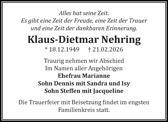 Traueranzeige von Klaus-Dietmar Nehring von Märkische Oderzeitung