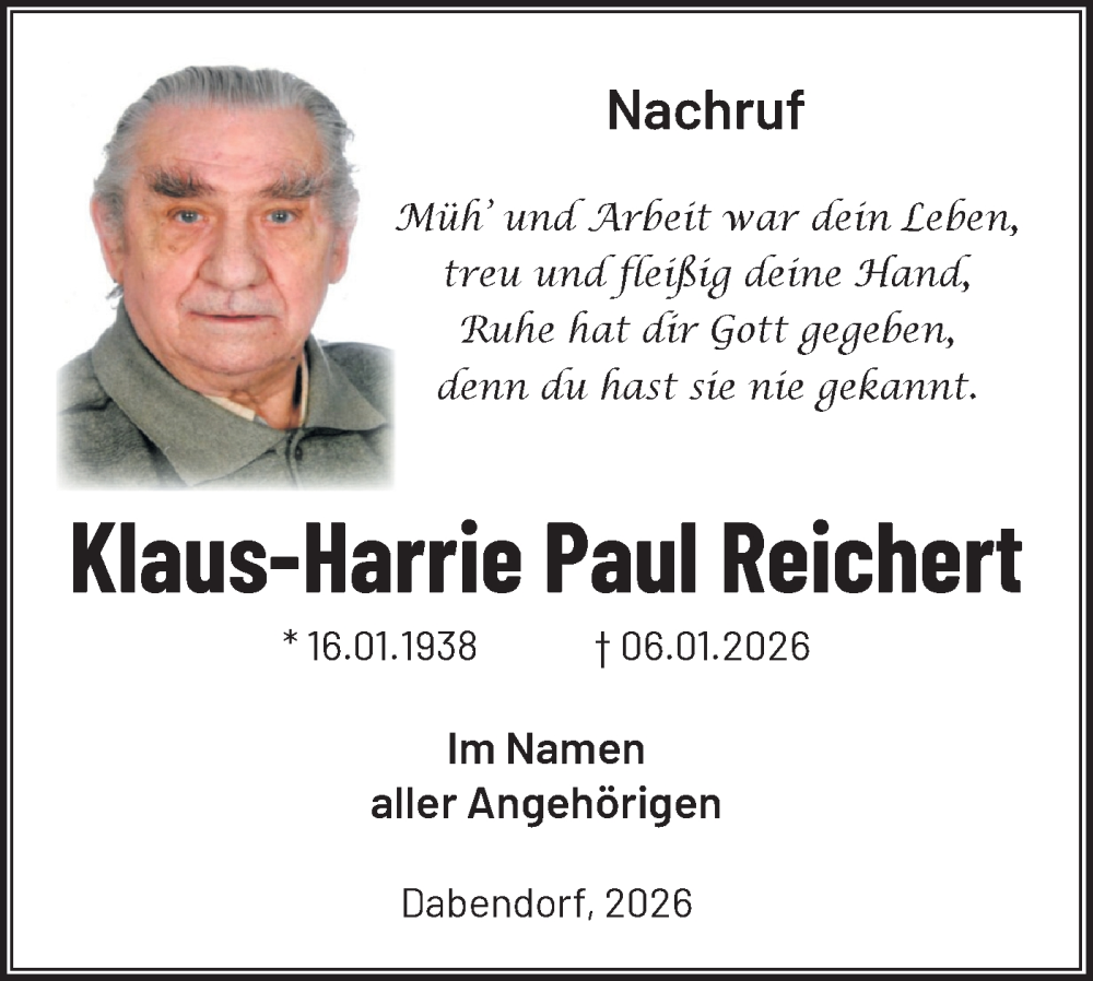  Traueranzeige für Klaus-Harrie Paul Reichert vom 14.02.2026 aus Blickpunkt Ludwigsfelde/Zossen