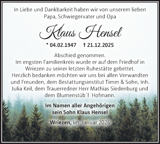 Traueranzeige von Klaus Hensel von MO Oderld.-Echo