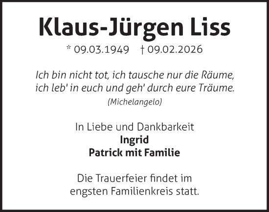Traueranzeige von Klaus-Jürgen Liss von Märkische Oderzeitung