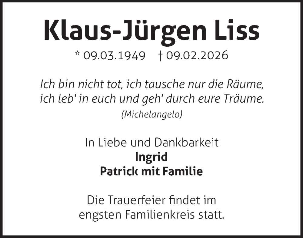  Traueranzeige für Klaus-Jürgen Liss vom 21.02.2026 aus Märkische Oderzeitung