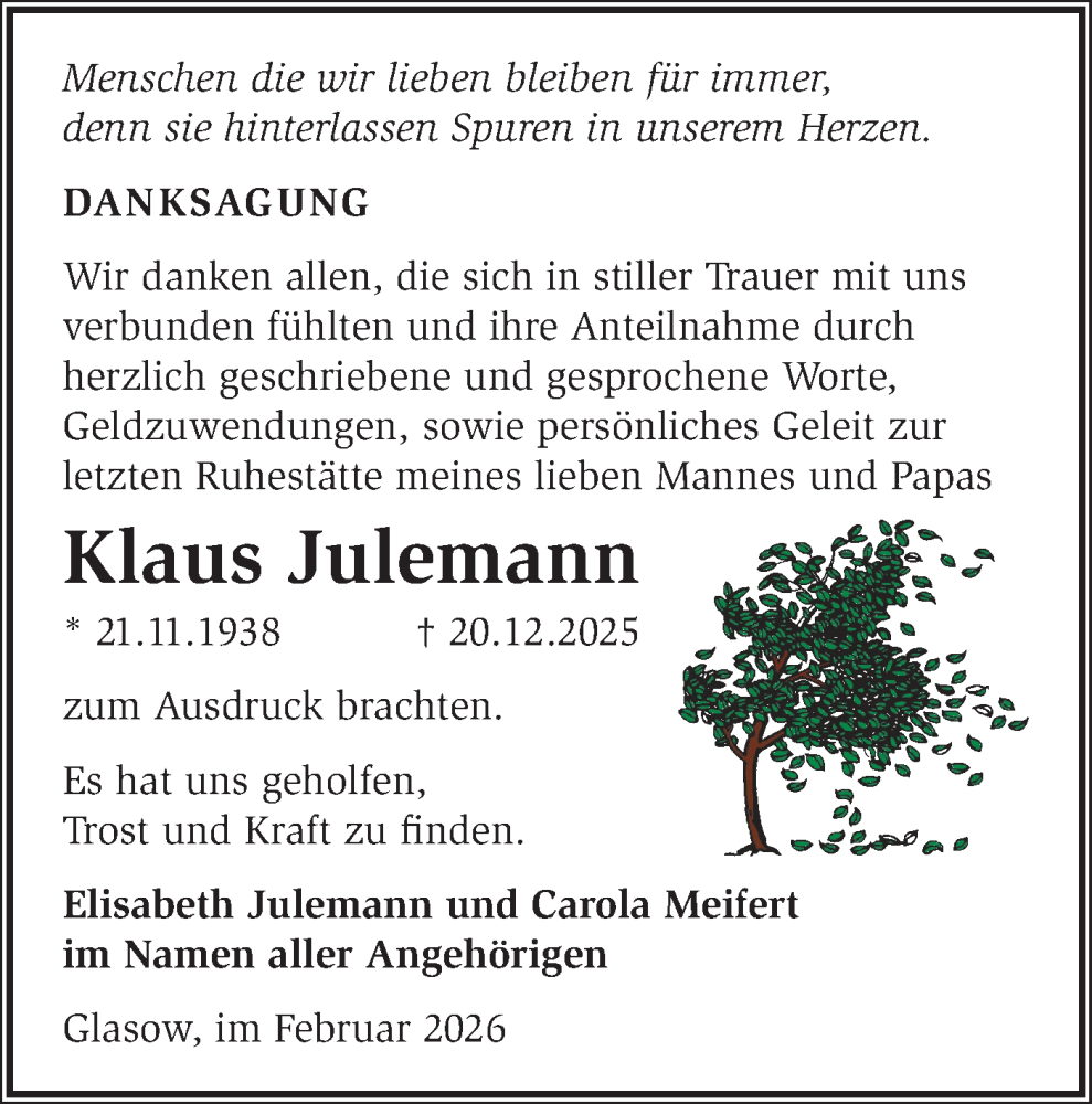  Traueranzeige für Klaus Julemann vom 14.02.2026 aus Blickpunkt Ludwigsfelde/Zossen
