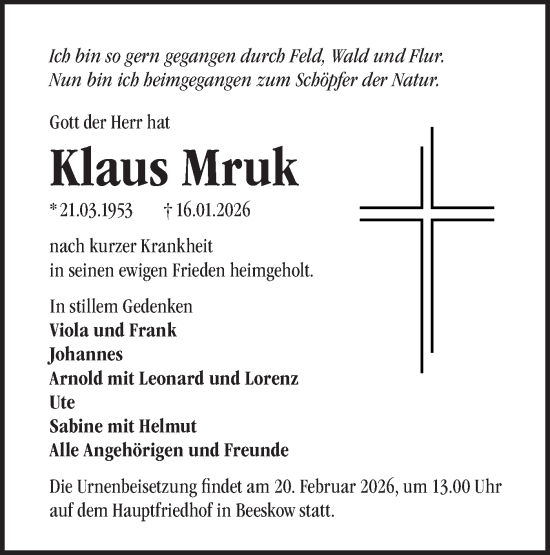 Traueranzeige von Klaus Mruk von Märkische Oderzeitung