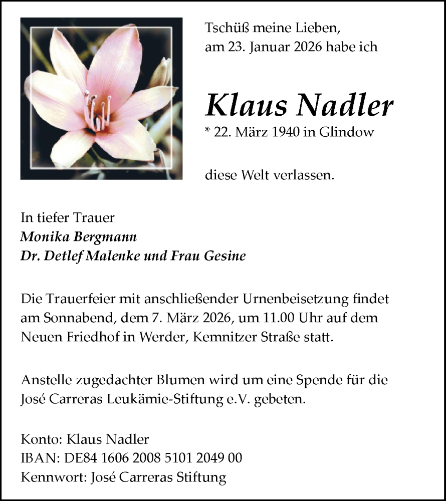  Traueranzeige für Klaus Nadler vom 07.02.2026 aus Blickpunkt Potsdam/Werder