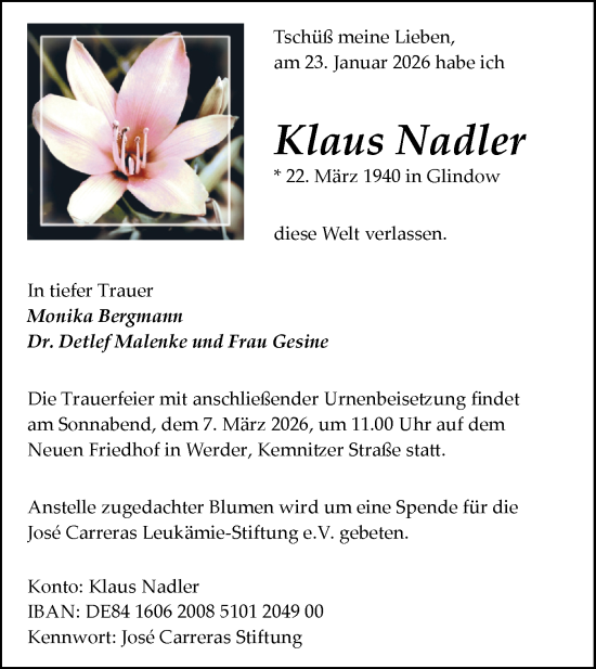 Traueranzeige von Klaus Nadler von Blickpunkt Potsdam/Werder