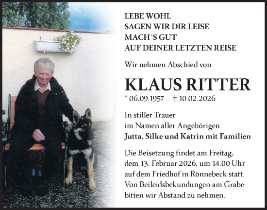 Traueranzeige von Klaus Ritter von Märkische Oderzeitung