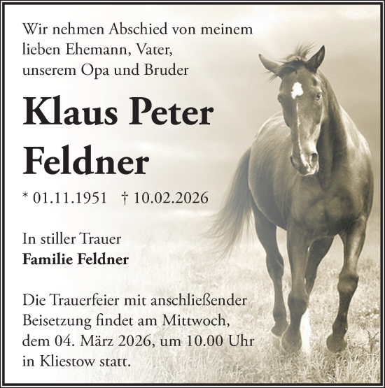 Traueranzeige von Klaus Peter Feldner von Märkische Oderzeitung