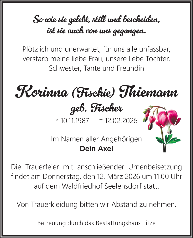  Traueranzeige für Korinna Thiemann vom 21.02.2026 aus Märkische Oderzeitung