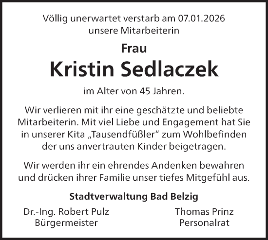 Traueranzeige von Kristin Sedlaczek von Märkische Oderzeitung