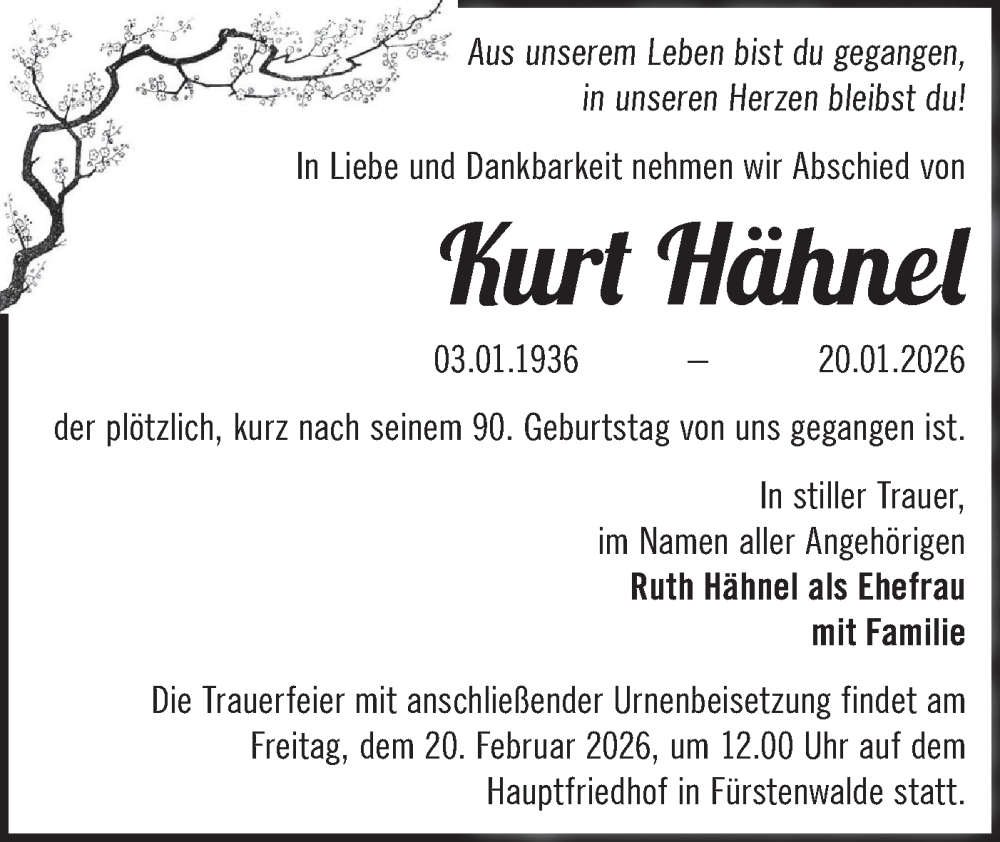  Traueranzeige für Kurt Hähnel vom 14.02.2026 aus Märkische Oderzeitung